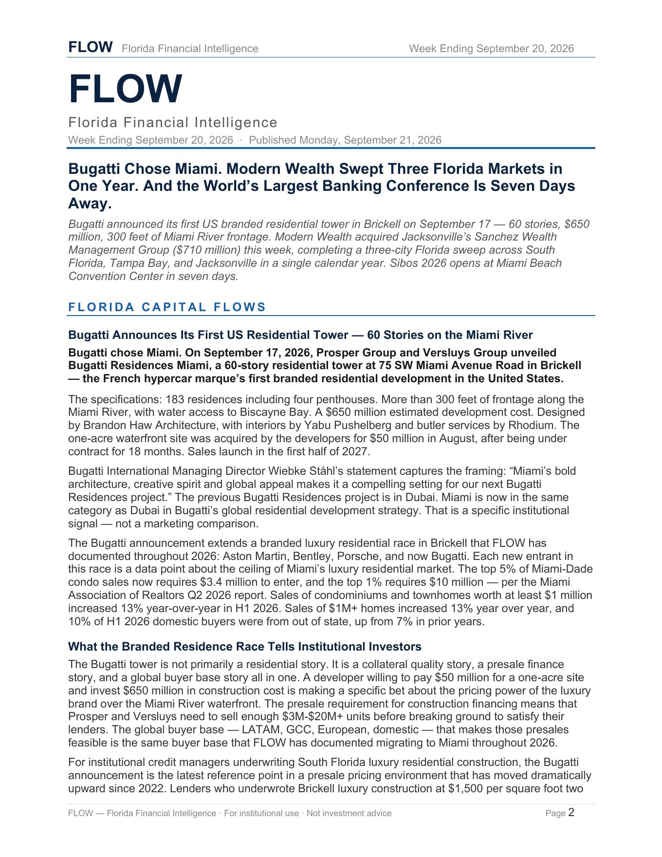 FLOW report cover: Bugatti Chose Miami. Modern Wealth Swept Three Florida Markets in One Year. And Sibos Is Seven Days Away.