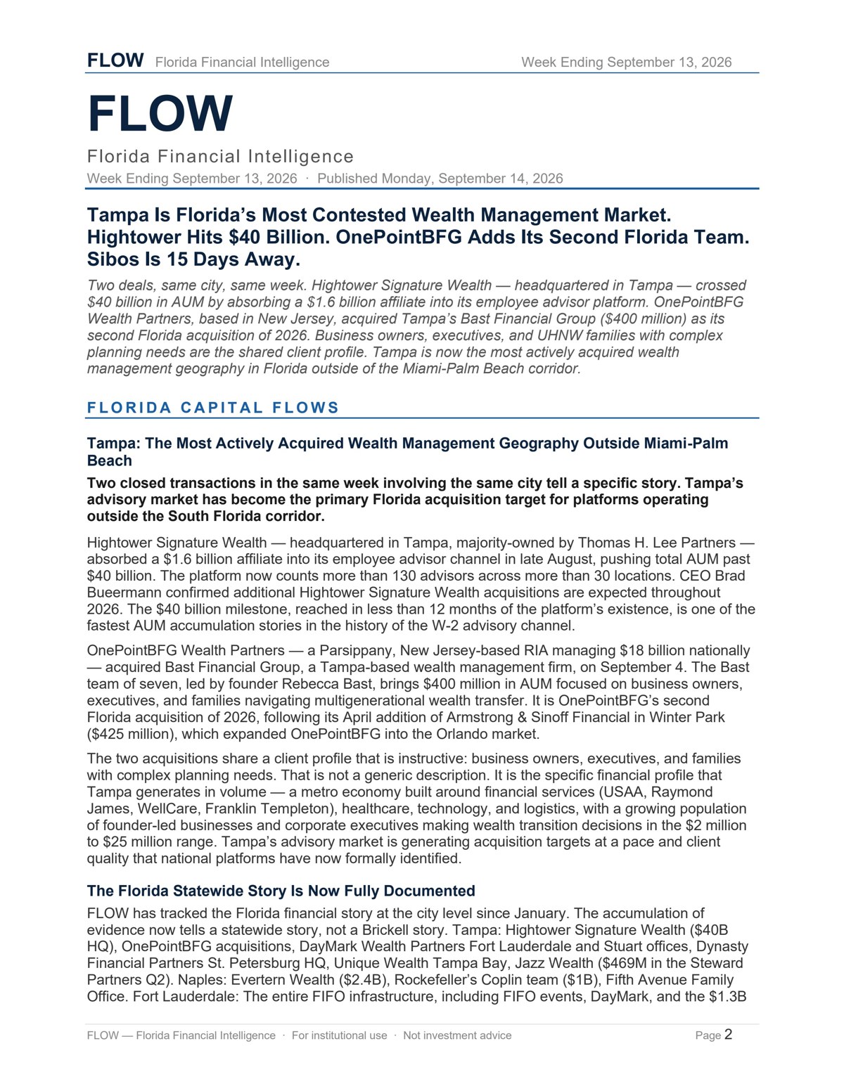 FLOW report cover: Tampa Is Florida's Most Contested Wealth Management Market. Hightower Hits $40 Billion. Sibos Is 15 Days Away.